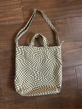 BAGGU Trippy Checker Horizontal Duck Bag Moss Green Canvas Tote Crossbody